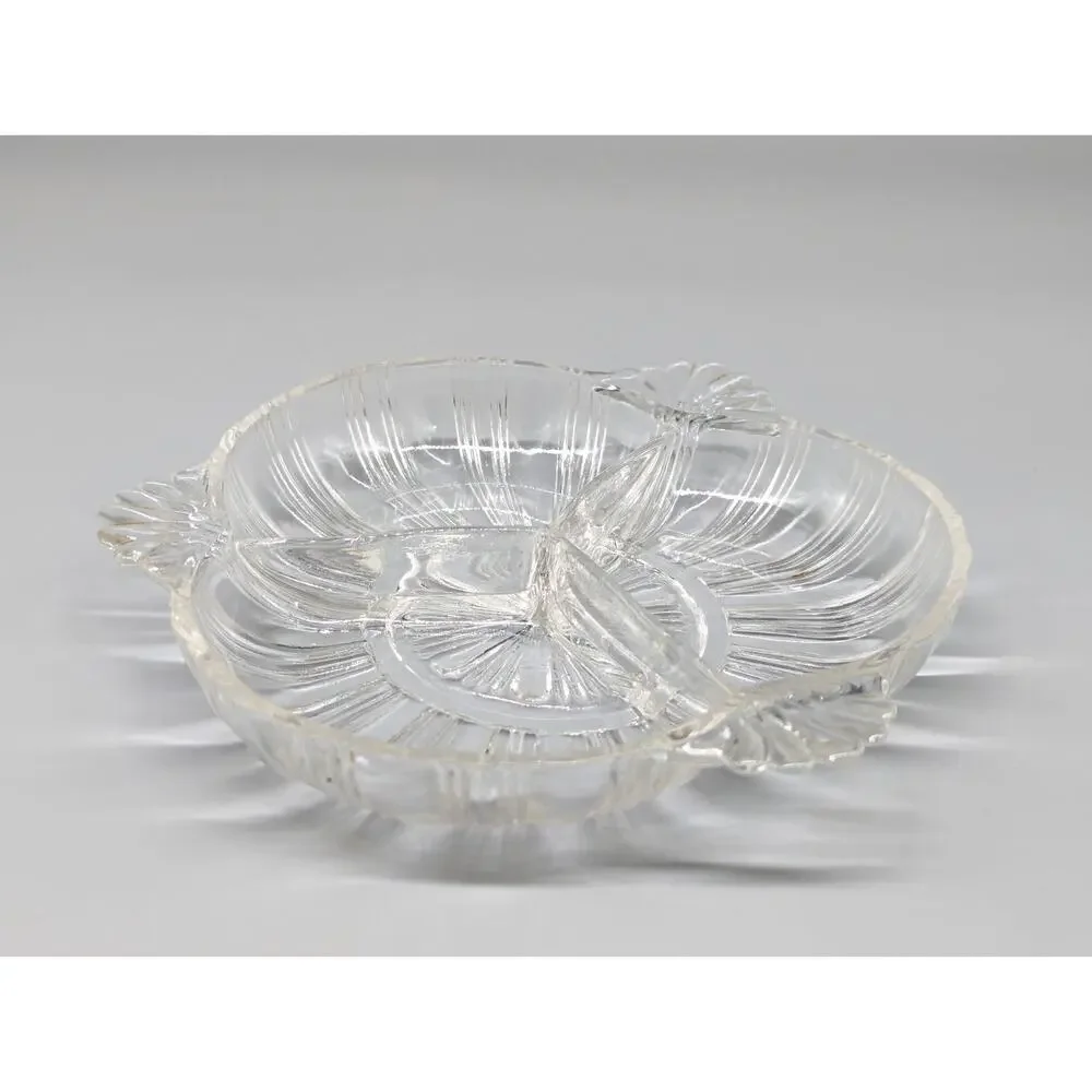 Vintage Hazel Atlas Clear Glass Divided Dish Bowl 3 Part Handles Sections 6.5